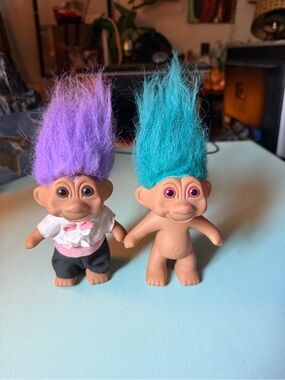 Vintage Purple & Teal Hair Troll Dolls - Pair of Colorful Toy Figures